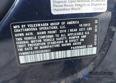 2013 Volkswagen Passat 2.5L Se z USA, uszkodzony, nr VIN 1VWBH7A31DC052841